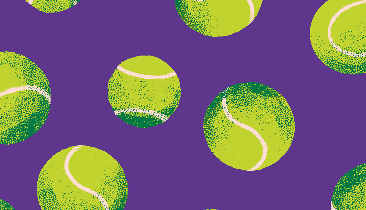 Tennis balls art work with Wimbledon purple in the background.